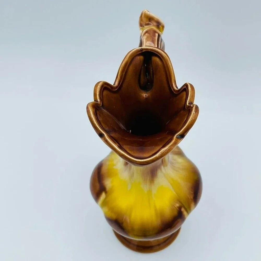Vintage decorative drip glaze vase small pitcher w/ ruffled rim ornate handle